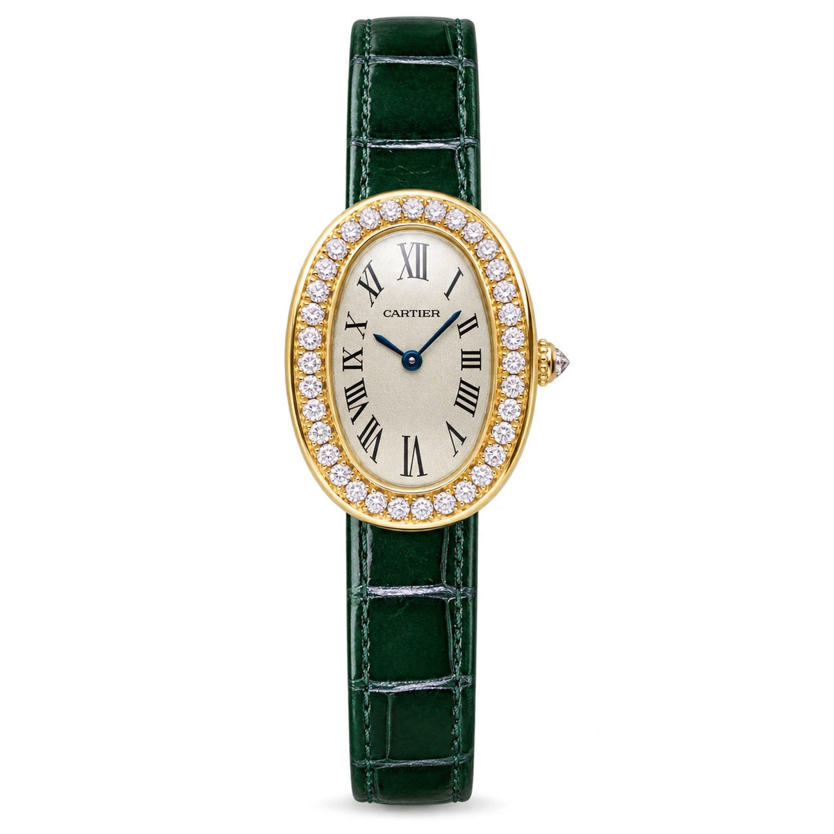Cartier Baignoire 18K Yellow Gold Diamond Bezel Ivory Dial Forest Green Alligator Strap Watch