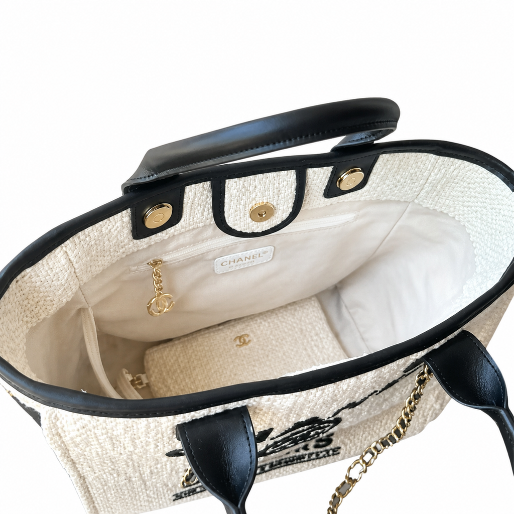 Chanel Deauville Medium Tweed Tote Ivory Black Gold Hardware