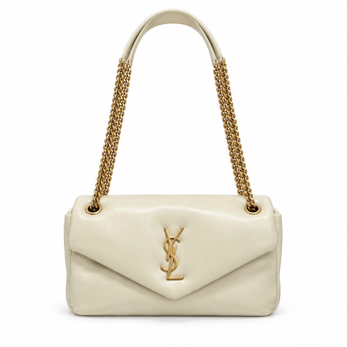 YSL Saint Laurent Calypso Chain Bag Cream Smooth Leather Gold YSL Monogram Double Gold Chain Straps V-Flap