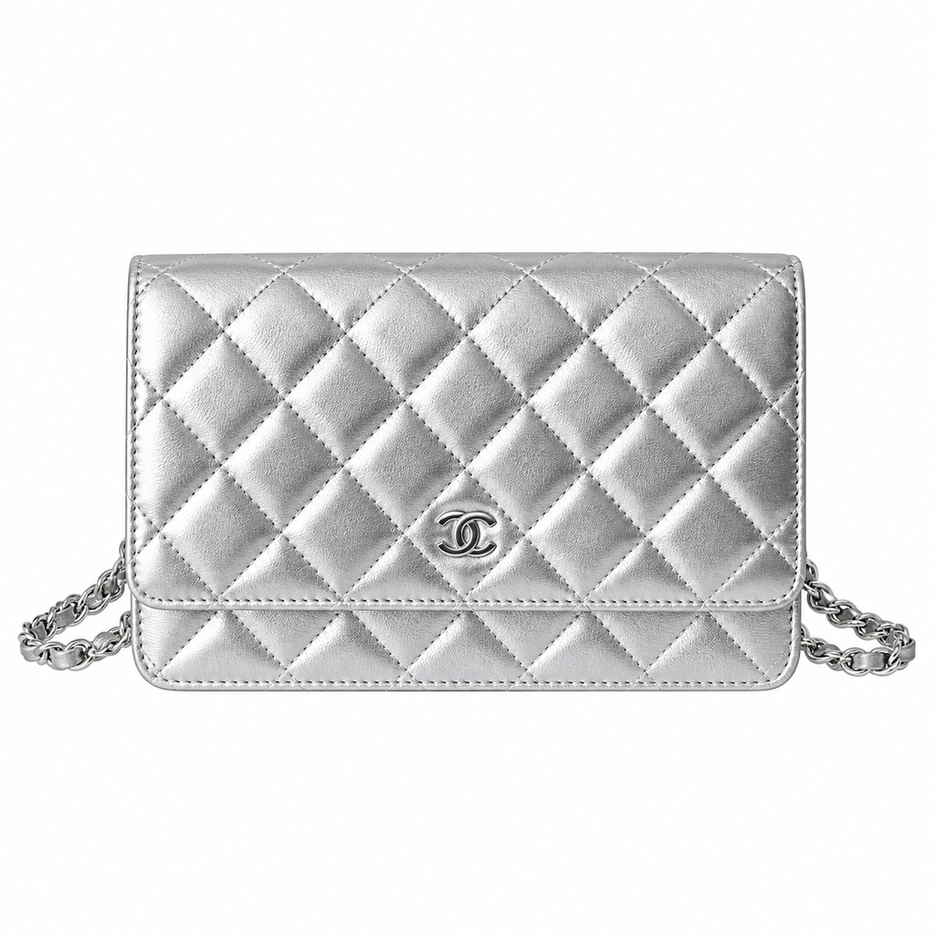 Chanel Classic WOC Silver Metallic Quilted Chain Bag