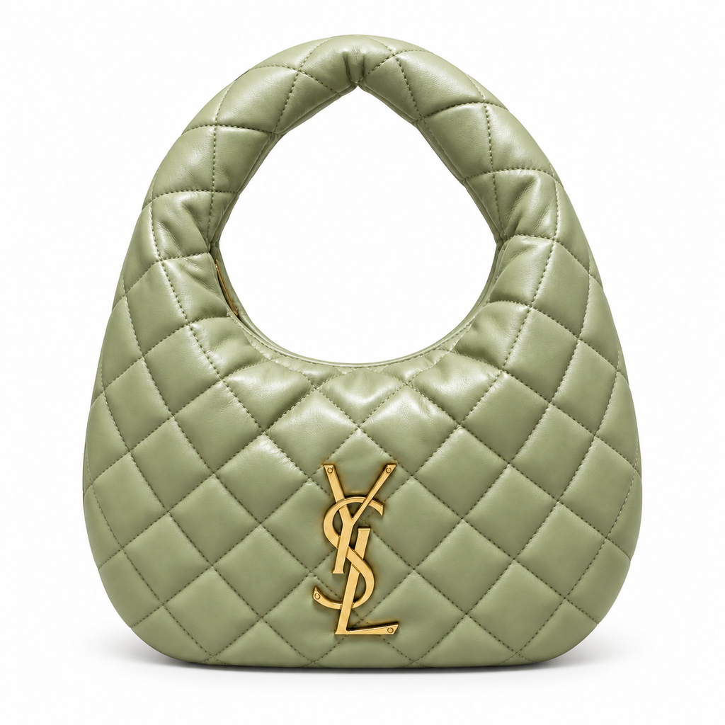 Saint Laurent sage green diamond-quilted lambskin leather hobo shoulder bag with padded top handle and antique gold YSL monogram