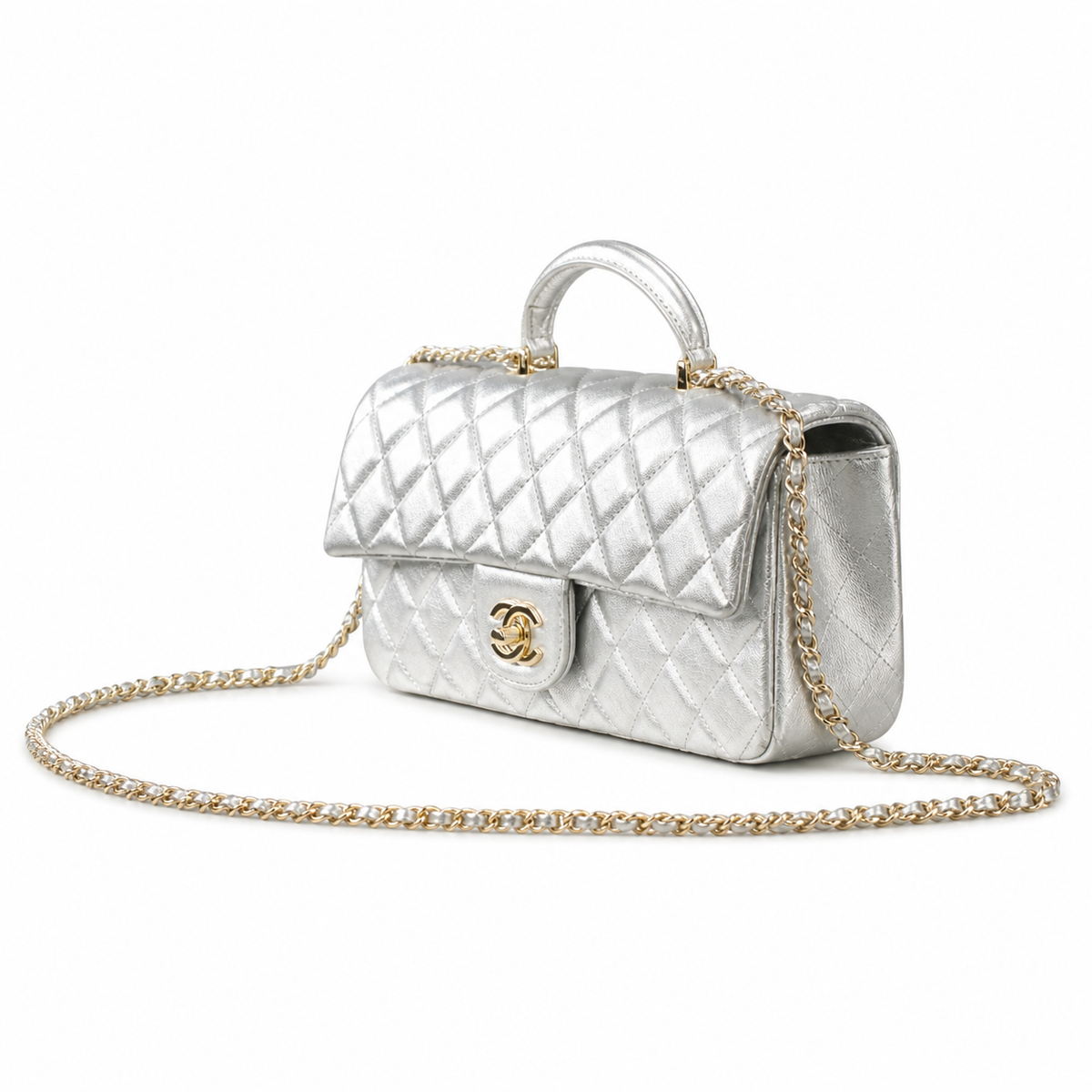 Chanel Classic Flap Top Handle Silver Quilted Gold Hardware