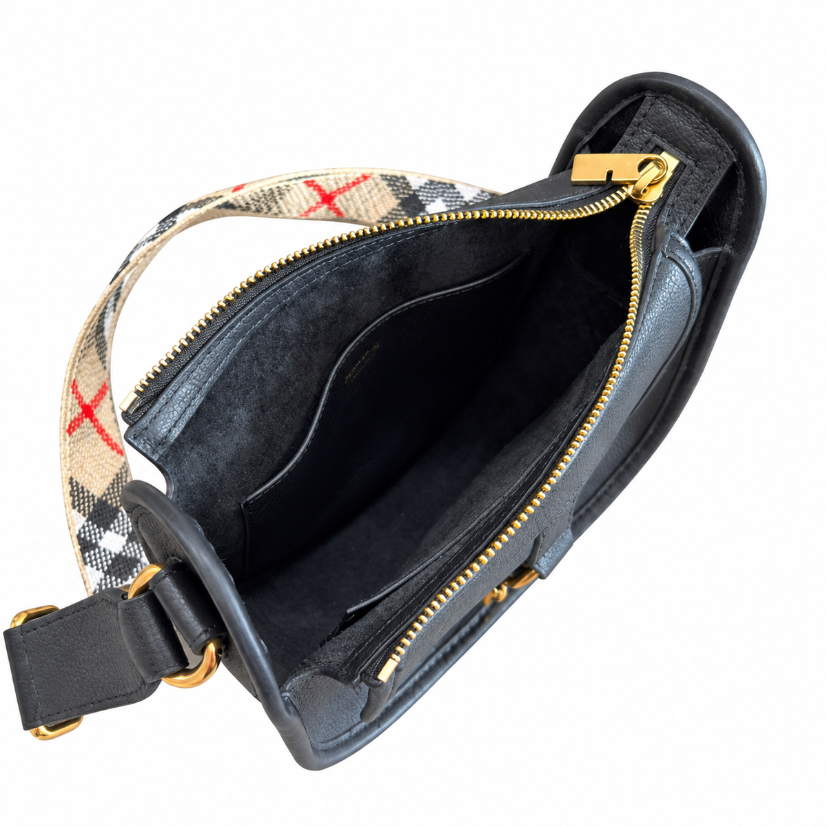 Burberry Black Saddle Bag with Heritage Check Strap