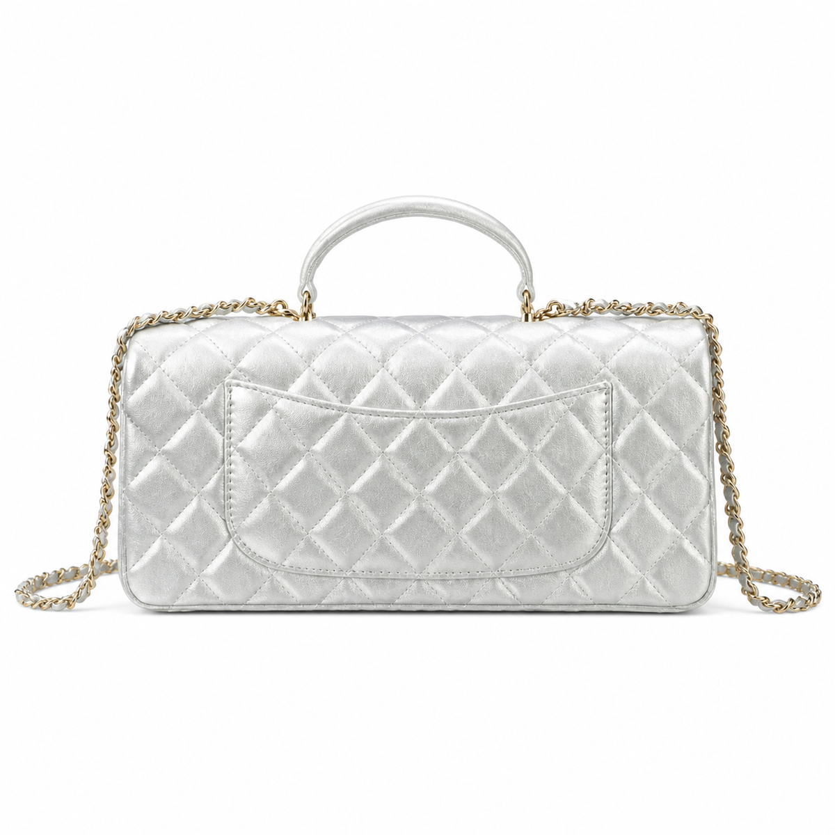 Chanel Classic Flap Top Handle Silver Quilted Gold Hardware