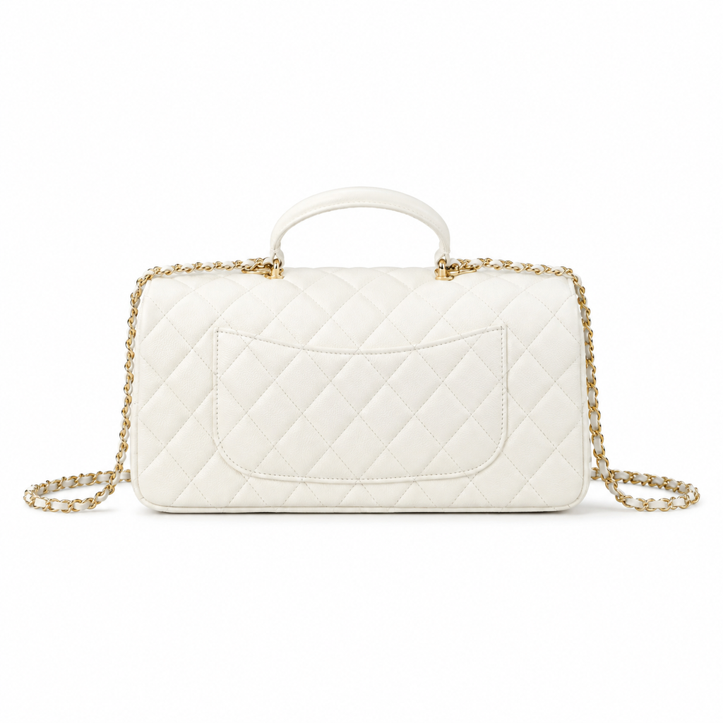 Chanel White Quilted Lambskin Rectangular Flap Bag | Top Handle & Gold Chain