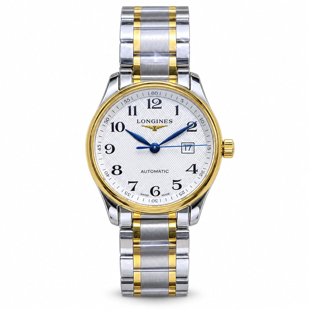Longines Master Collection white guilloché dial blue steel hands two-tone yellow gold steel bracelet automatic dress watch