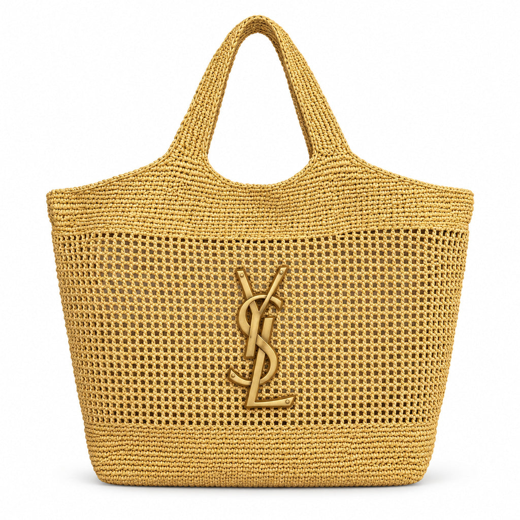 YSL Saint Laurent Icare Maxi Tote Bag Yellow Raffia Open Weave Gold YSL Monogram Hardware