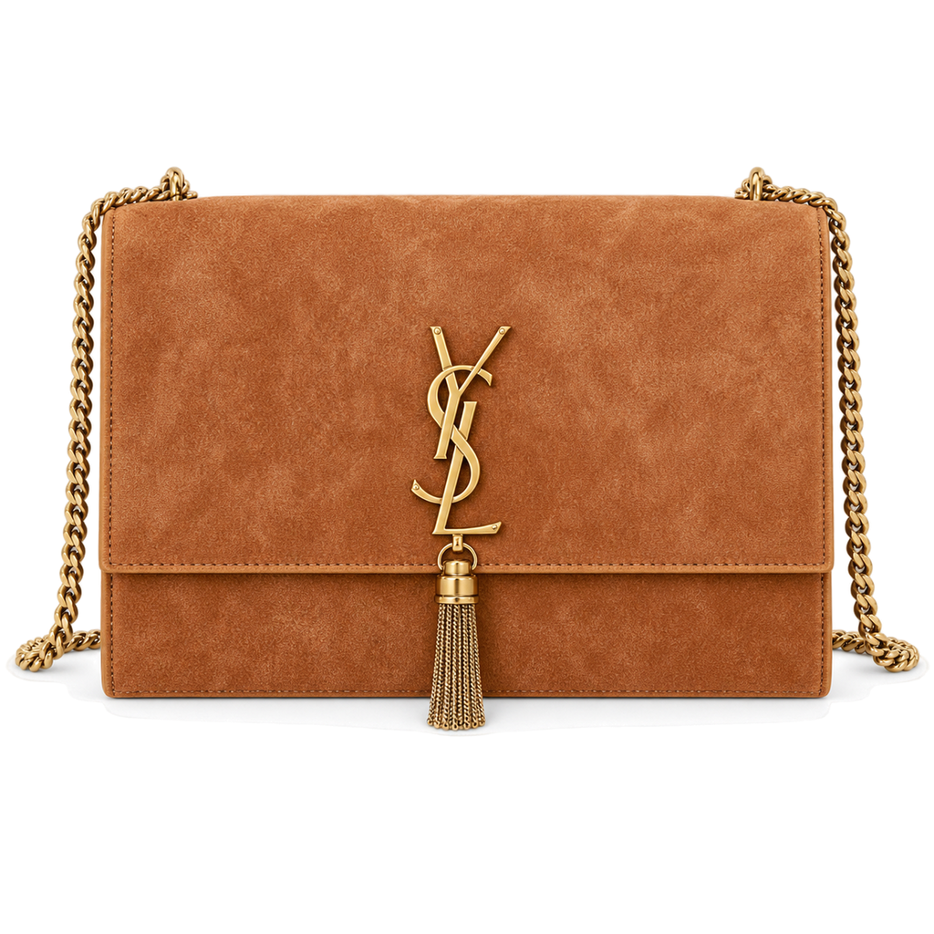 Saint Laurent YSL Kate Tassel chain crossbody bag in camel warm tan suede calfskin with oversized gold YSL monogram antique gold curb chain and gold tassel