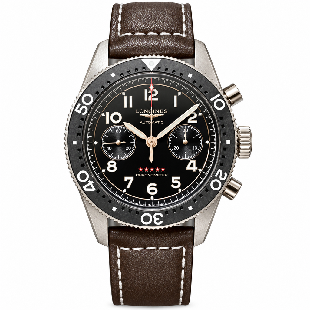 Longines Spirit Flyback Chronometer with black dial, rotating bezel and brown leather strap