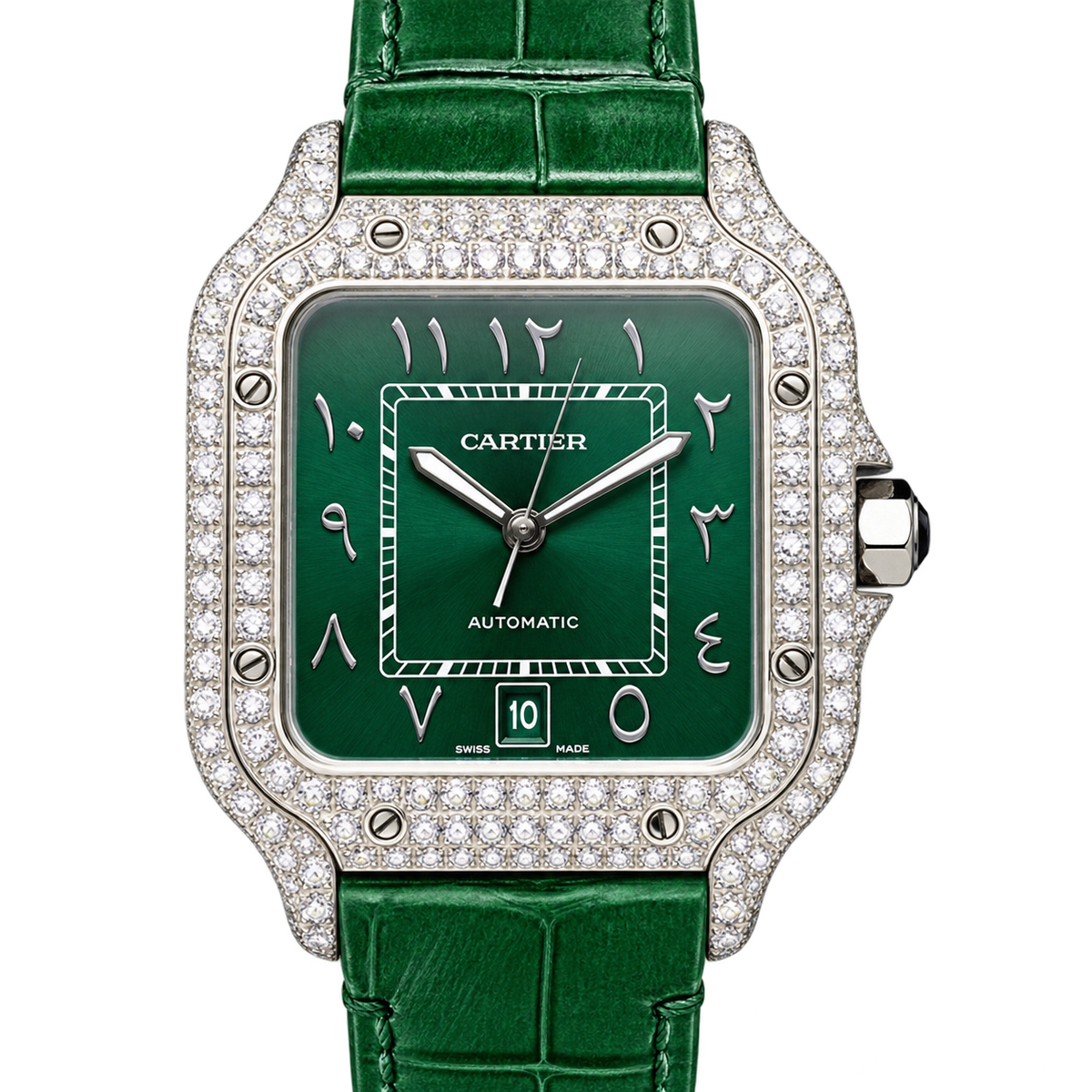 Cartier Santos Diamond Bezel Arabic Green Dial Watch – KDY