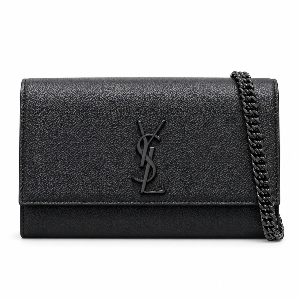 Saint Laurent YSL Kate medium chain crossbody bag in all-black grained calfskin leather with tonal matte black YSL monogram and black curb chain strap triple black