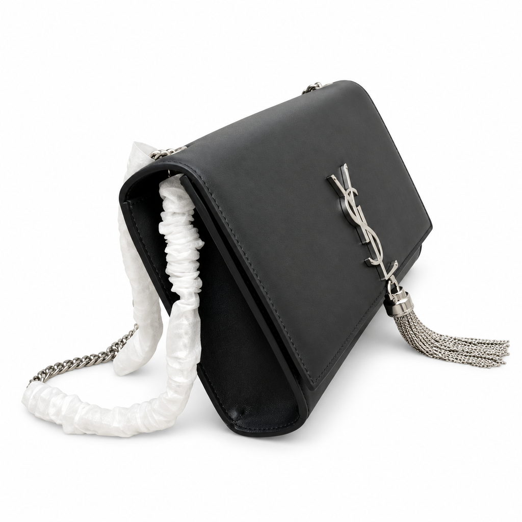 YSL Saint Laurent Kate Chain Bag in Black Smooth Leather with Silver Tassel
