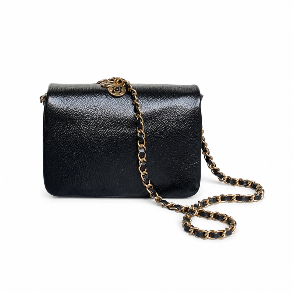 Chanel Mini Flap Bag Black Caviar Leather | Double CC Charm & Aged Gold CC — 17.5cm