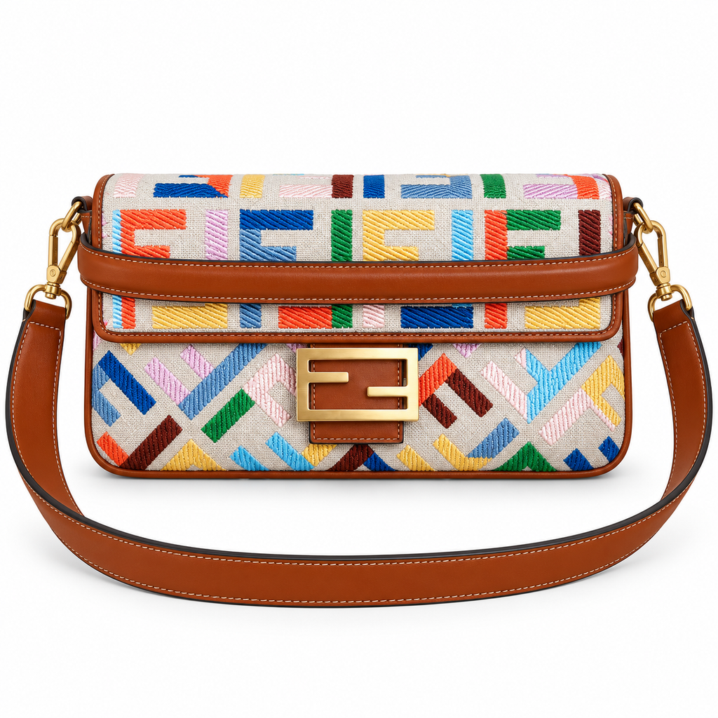 Fendi FF Shoulder Bag – Jacquard Canvas & Leather Trim, Flap Closure, 26cm
