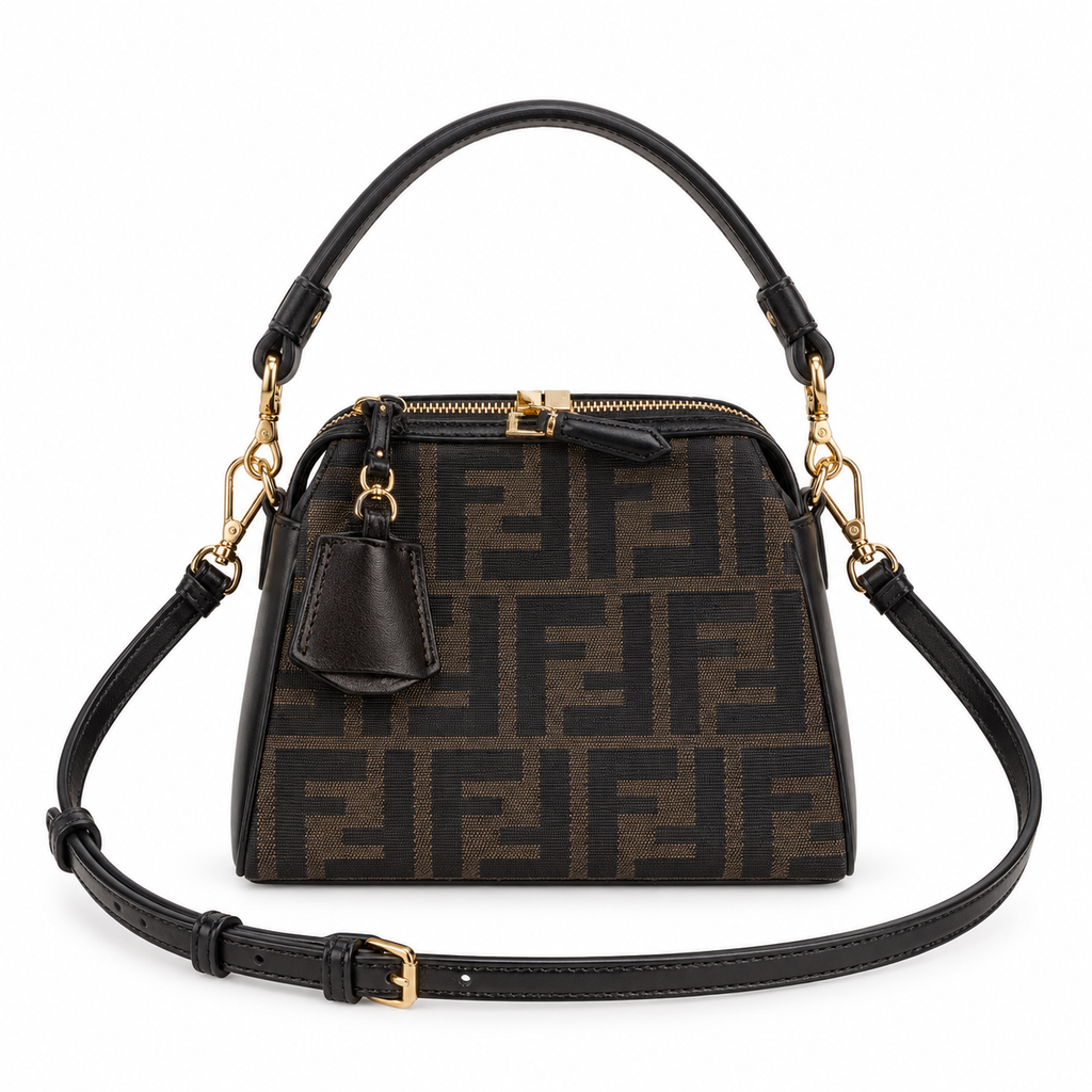 Fendi FF Mini Shoulder Bag – Jacquard Canvas & Leather Trim, Flap Closure, 15cm