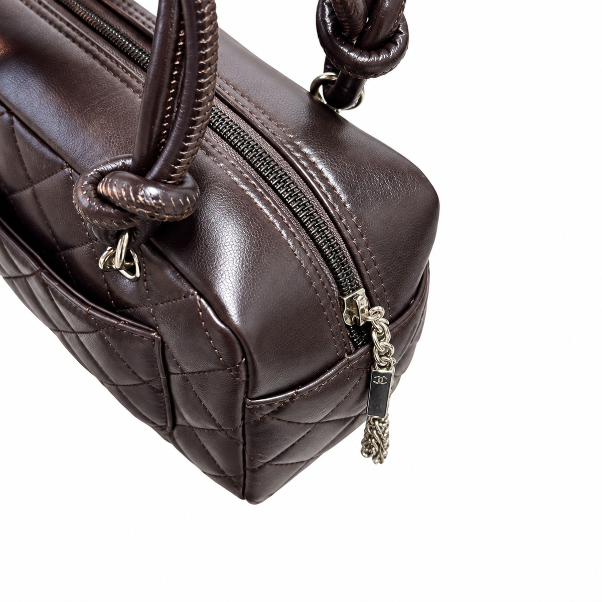 Chanel Cambon Dark Brown Quilted CC Bowler Bag Silver Hardware