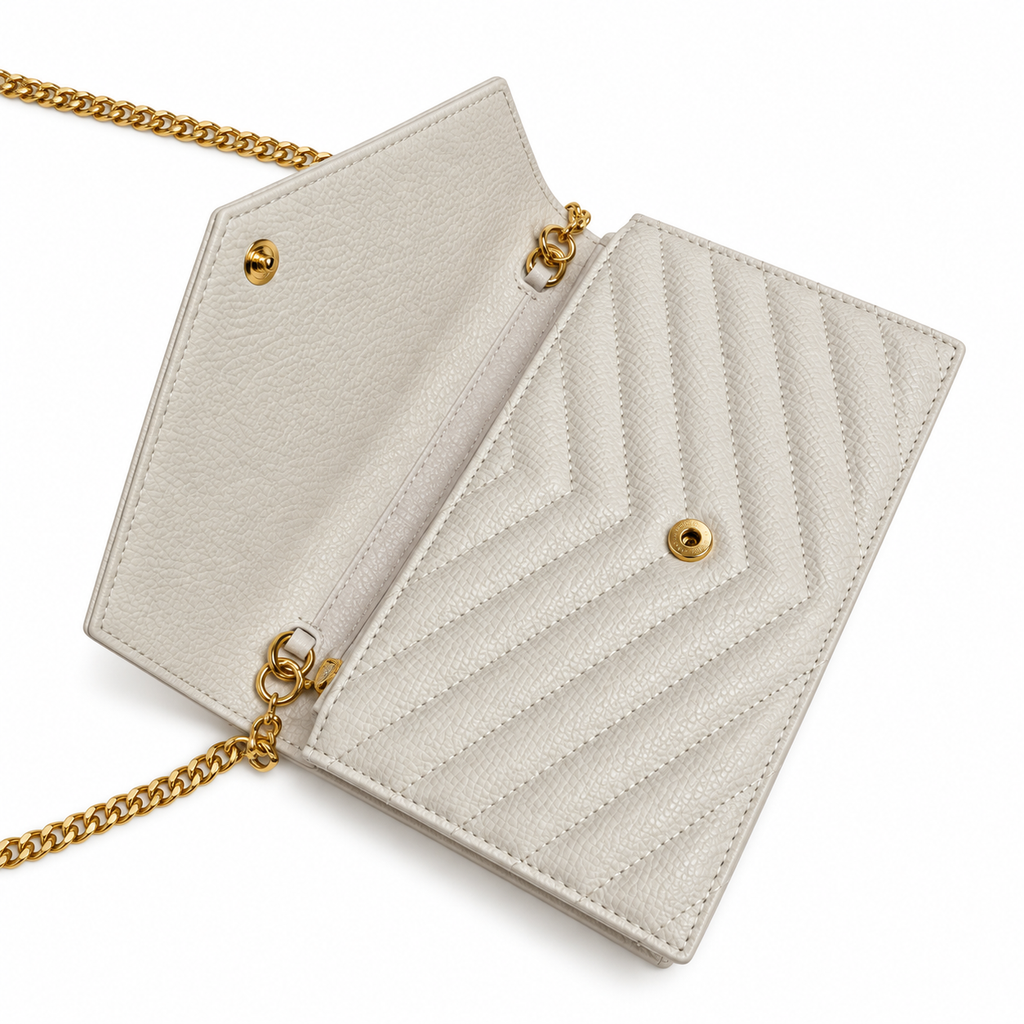 YSL Saint Laurent Envelope Chain Wallet in Cream Matelassé Leather