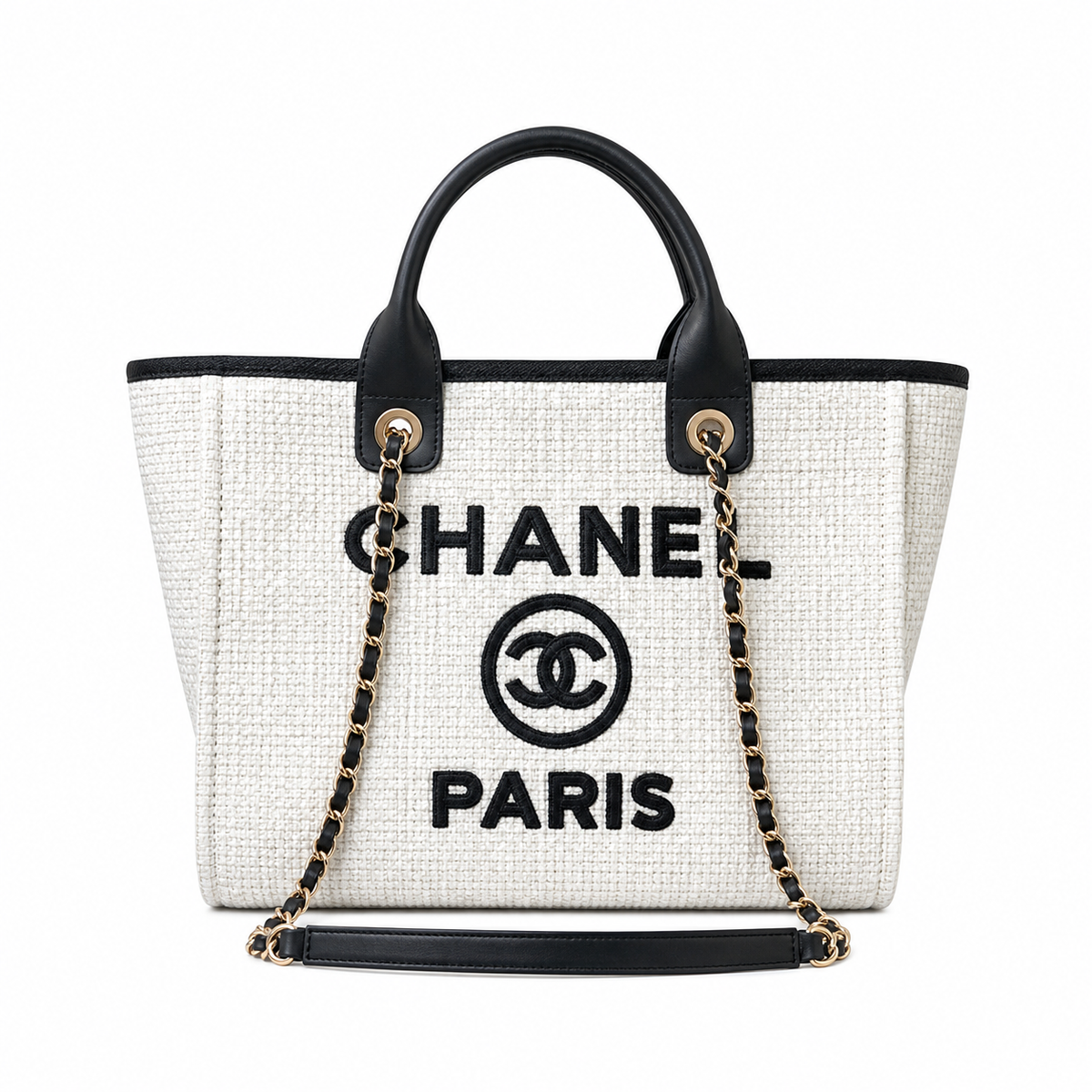 Chanel Deauville Medium Tweed Tote Ivory Black Gold Hardware