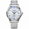 Longines Record silver white dial blue steel hands five-link steel bracelet automatic COSC chronometer dress watch