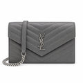 YSL Saint Laurent Envelope Chain Wallet in Grey Matelassé Leather with Silver Hardware