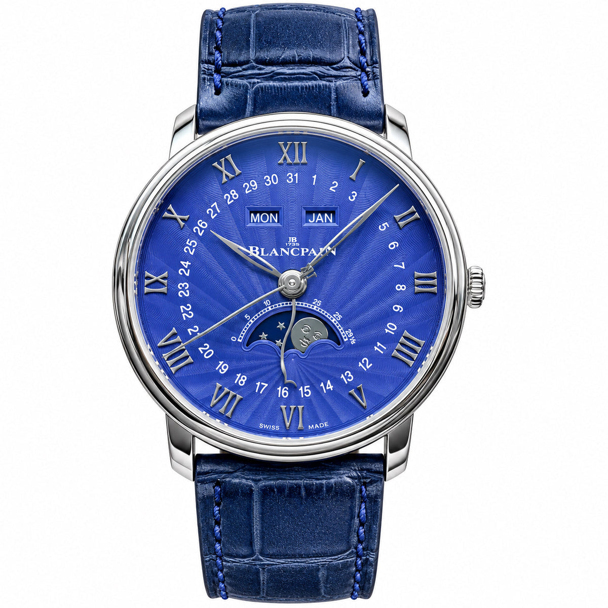 Blancpain Villeret Quantieme Complet steel blue guilloche dial moonphase complete calendar blue alligator strap