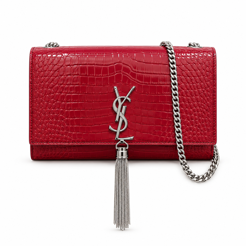 YSL Kate Tassel Croc-Embossed Leather Shoulder Bag Red