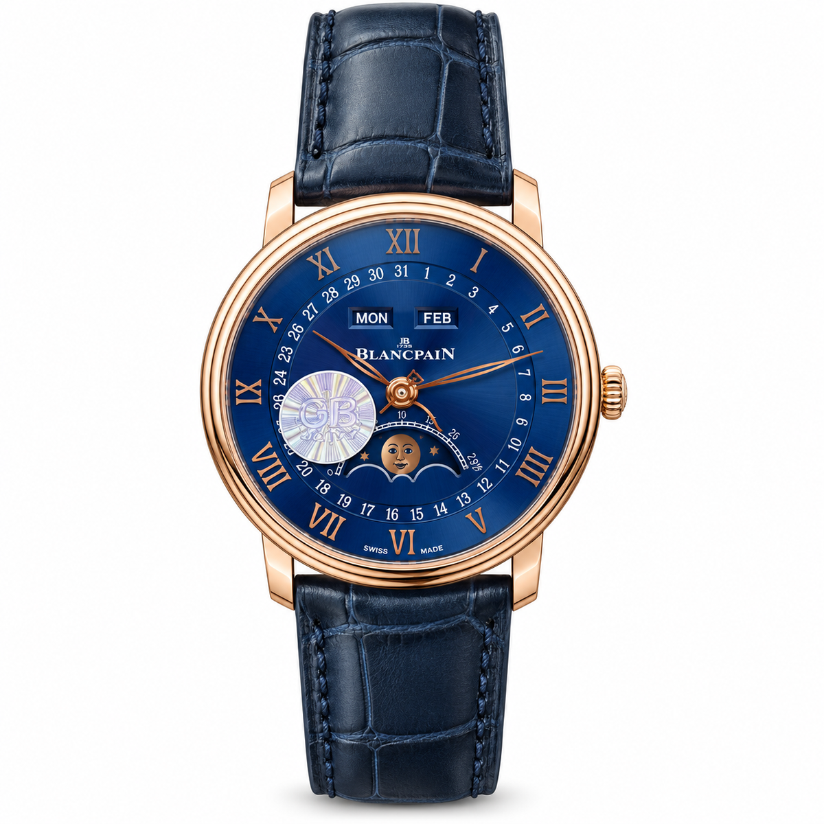 Blancpain Villeret Quantième Complet rose gold blue dial moonphase complete calendar with midnight blue alligator strap