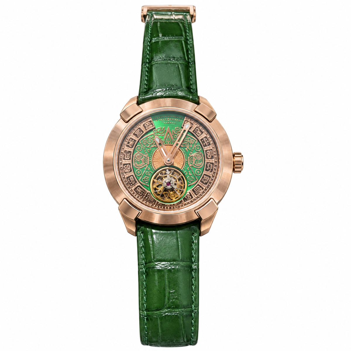 Louis Moinet Mecanograph Mayan 18K Rose Gold Grand Feu Green Enamel Mayan Calendar Flying Tourbillon Green Alligator Leather Watch