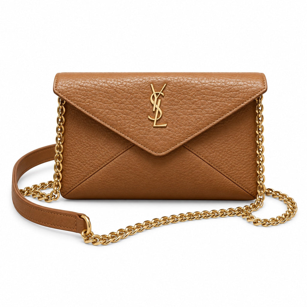 YSL Saint Laurent Gaby Envelope Bag Tan Grained Leather Gold Chain