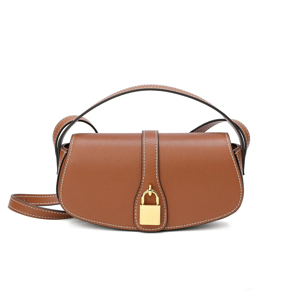 Tan Leather Mini Saddle Bag with Gold Padlock Clasp and Contrast Stitching
