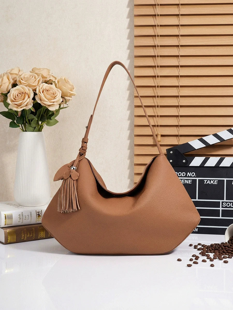 Cognac Pebbled Leather Geometric Hobo Shoulder Bag with Tassel Charm