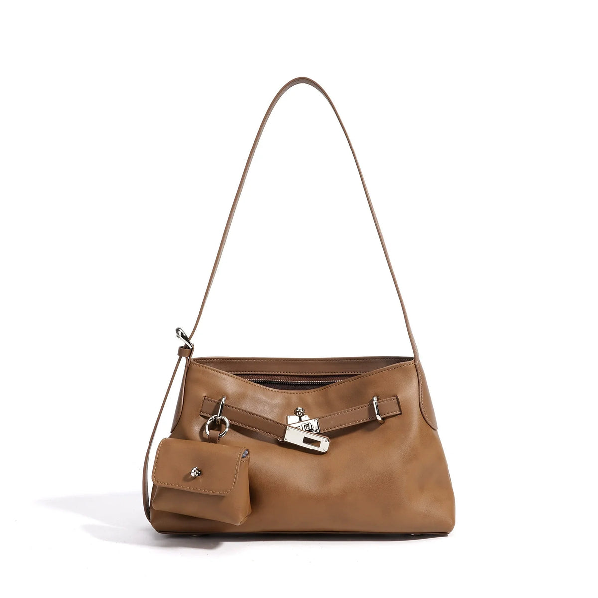 Tan Antiqued Leather Shoulder Bag with Pivot Lock and Mini Coin Pouch