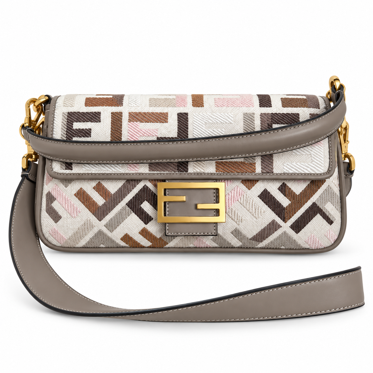 Fendi FF Shoulder Bag – Jacquard Canvas & Leather Trim, Flap Closure, 26cm